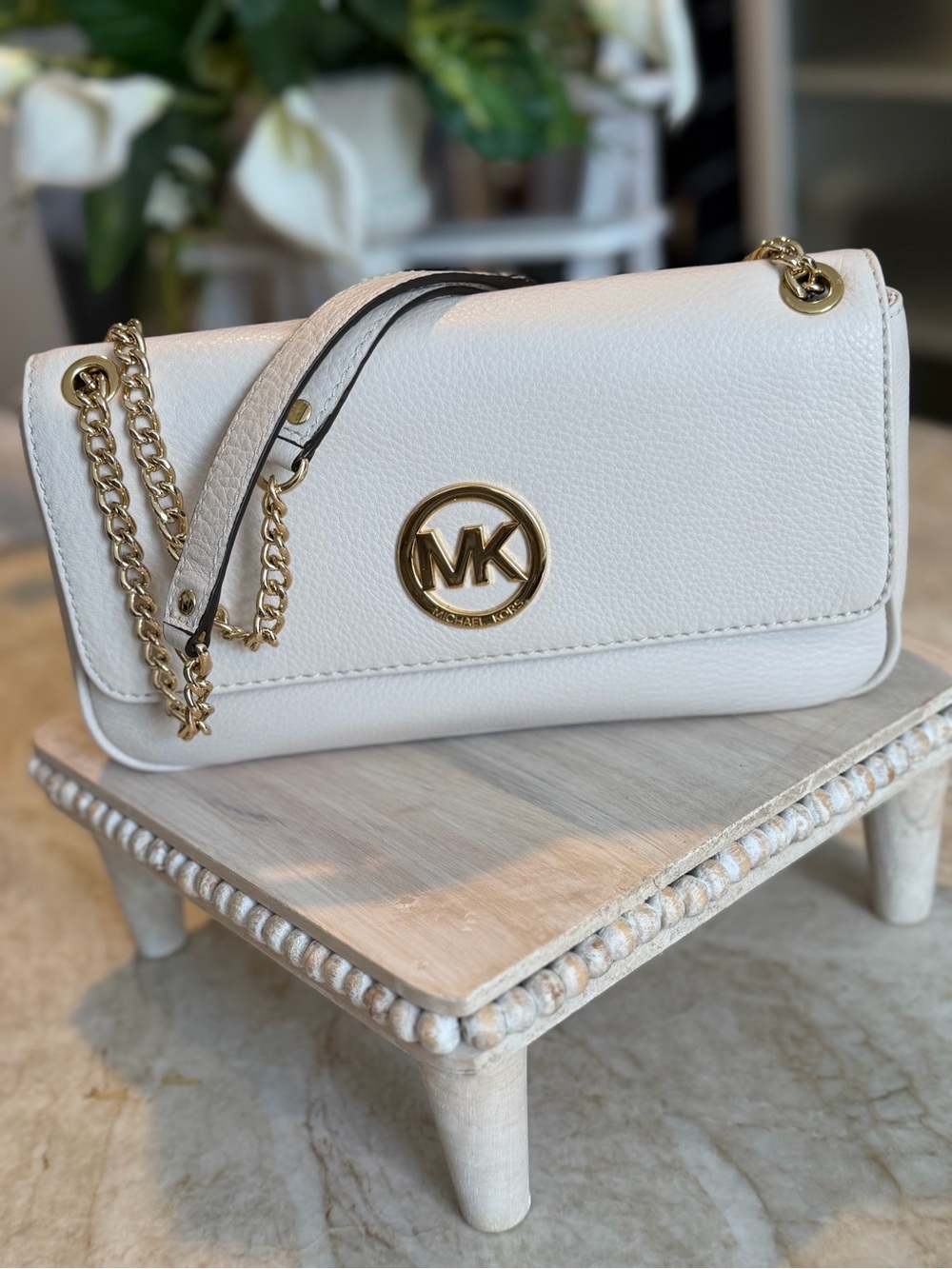 Michael Kors White Pebbled Leather Chain Crossbody Bag with Gold Logo